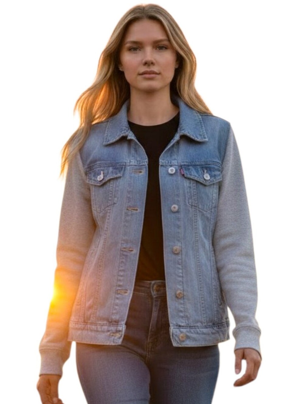 Levi's Hybrid Ex-Boyfriend Trucker Jacket Gray Sweatshirt Stonewash Denim Jean M